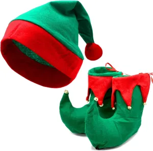 Adults Christmas Elf Shoes with Hat Set, Xmas Fancy Dress Santas Little Helper Elves Covers Red Green Boots Hat Accessories