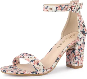 Allegra K Women's Floral Print Open Toe Block High Heels Summer Sandals