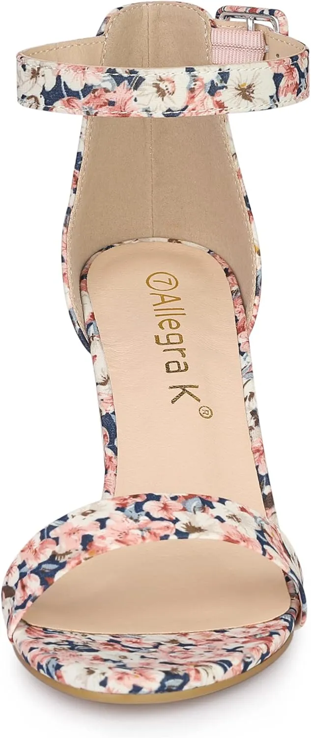 Allegra K Women's Floral Print Open Toe Block High Heels Summer Sandals