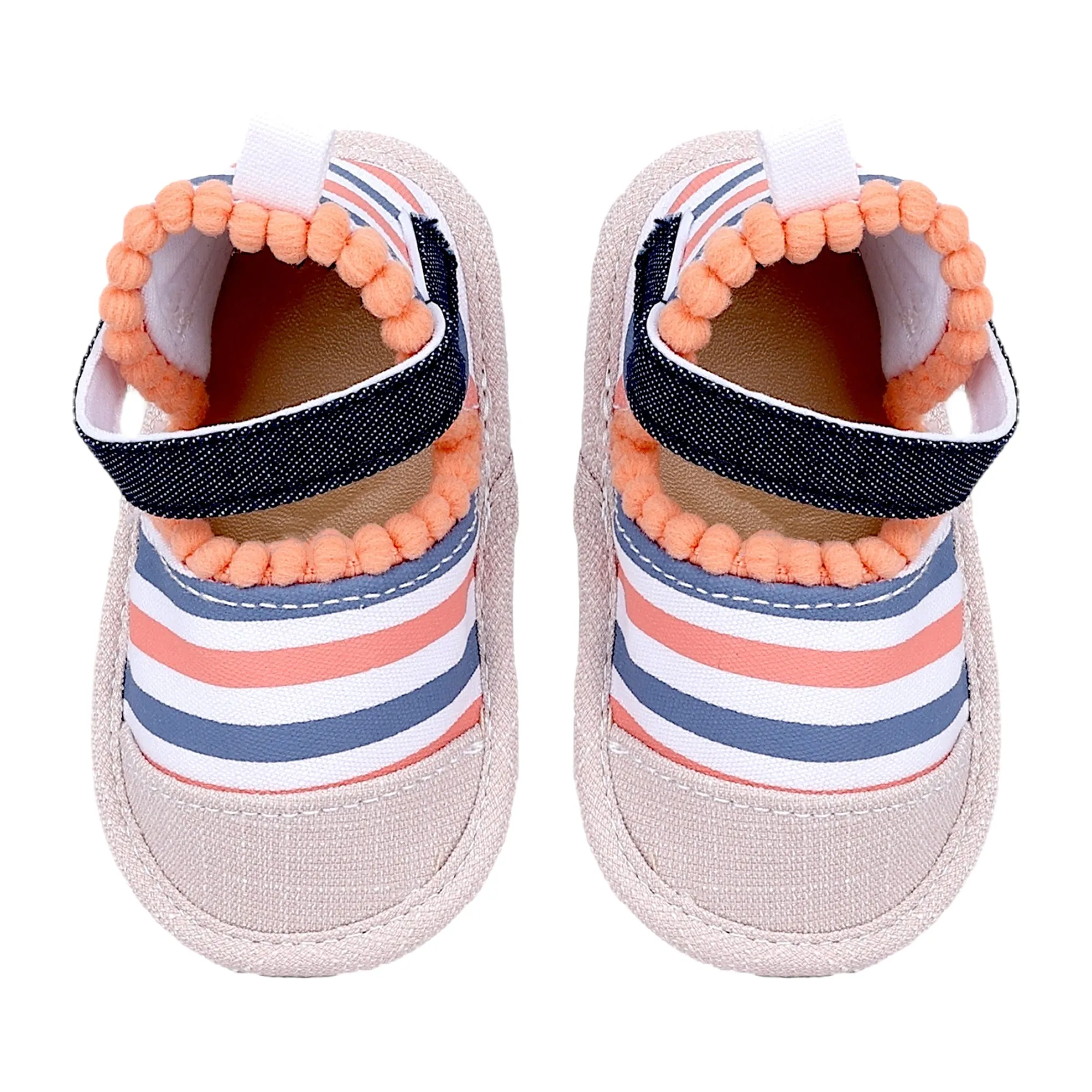 Baby Moo Striped Handmade Pom Pom Trim Velcro Straps Anti-Skid Booties - Peach, White