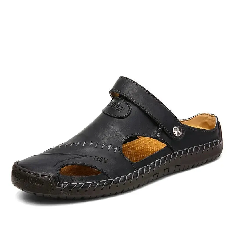 Classic Mens Sandals Summer Genuine Leather Male Beach Sandals Soft Comfortable Outdoor Beach Slippers Slip-ON Sandals
