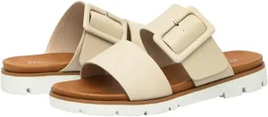 Epsion Women's Two Band Flat Sandal Vegan Leather Slides Platform Summer Beach Slippers with Adjustable Buckle