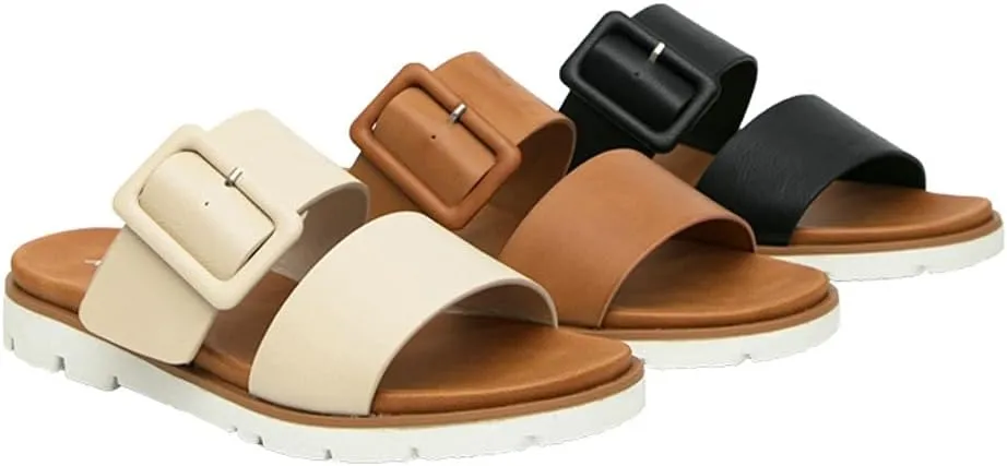 Epsion Women's Two Band Flat Sandal Vegan Leather Slides Platform Summer Beach Slippers with Adjustable Buckle
