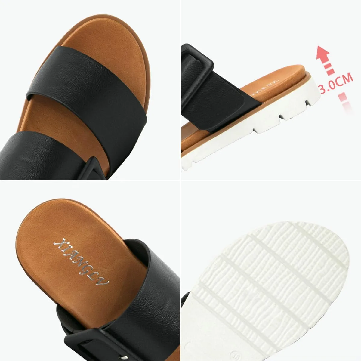 Epsion Women's Two Band Flat Sandal Vegan Leather Slides Platform Summer Beach Slippers with Adjustable Buckle