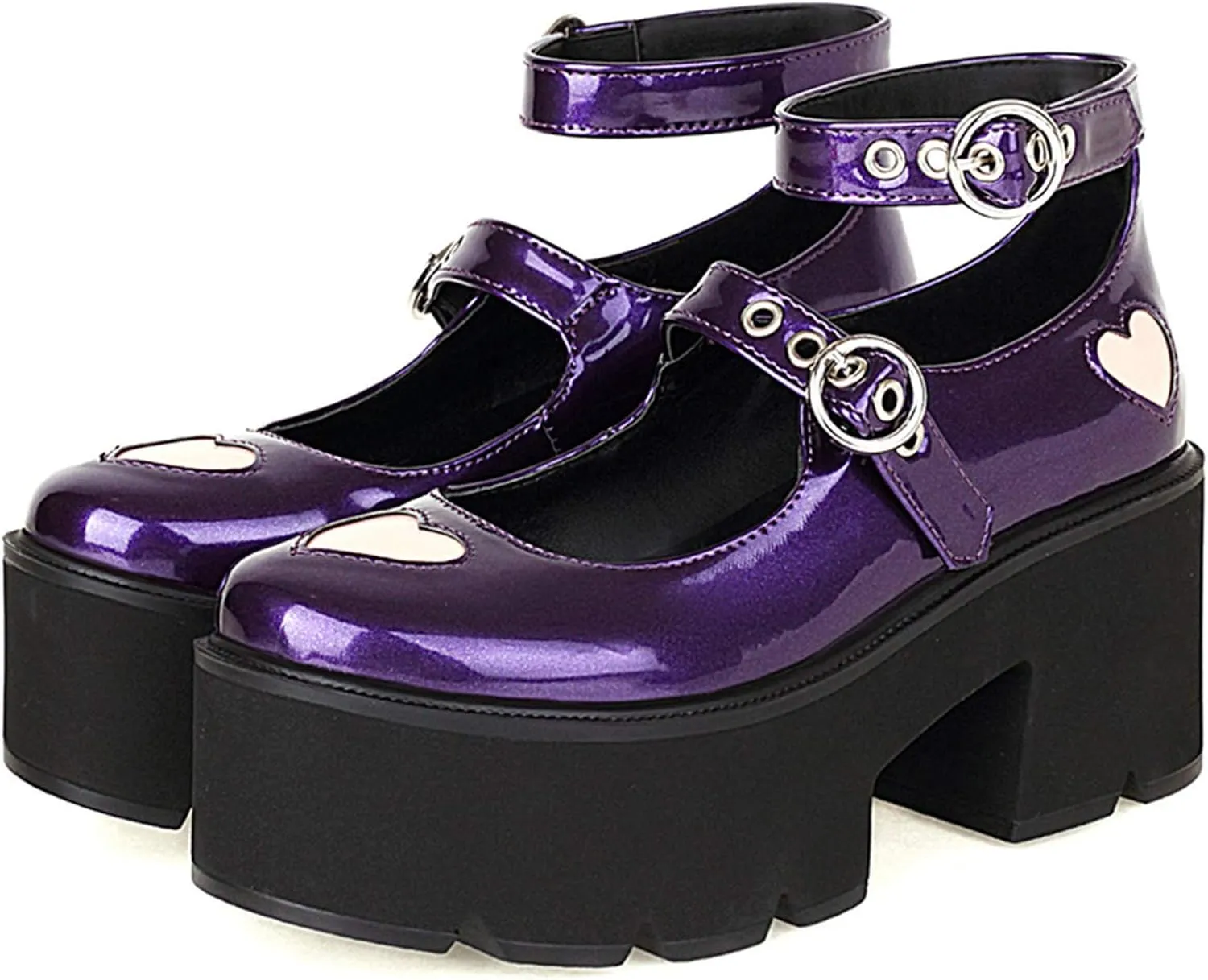 Erocalli Platform Mary Jane Shoes for Women Chunky High Heel Pumps Cute Heart Ankle Strap Lolita Shoes Party Dress Shoes Purple