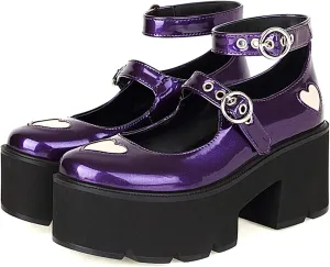 Erocalli Platform Mary Jane Shoes for Women Chunky High Heel Pumps Cute Heart Ankle Strap Lolita Shoes Party Dress Shoes Purple
