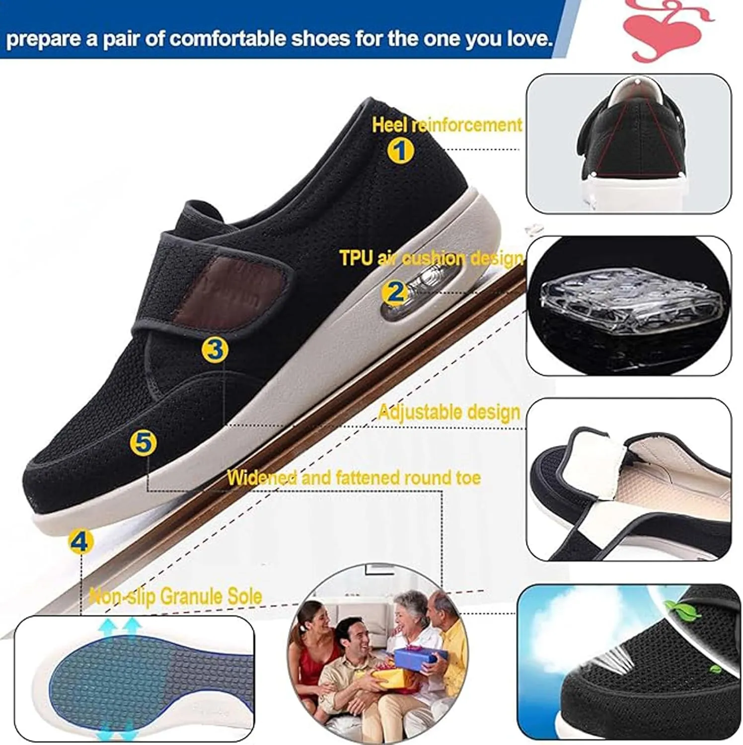 Extra Wide Diabetic Shoes, Lightweight Casual Walking Shoes, Orthopedic Comfy Casual Slippers, Elderly Sneakers, Adjustable Closure, with Arch Support, for Feet Fattening