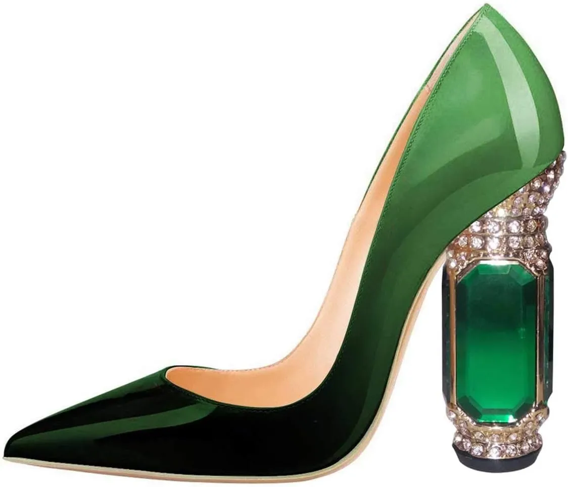 FSJ Women Bridal Pointed Toe Chunky High Heel Crystal Pumps Slip on Wedding Thick Comfort Unique Shoes Size 4-15 US