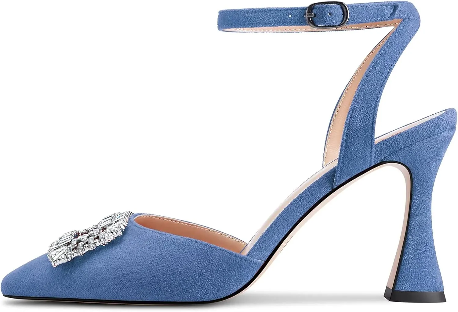 HEUIVZAR Women High Chunky Block Heel Pointed Toe Sandals Ankle Strap Diamond Crystal Buckle Wedding Dress Shoes