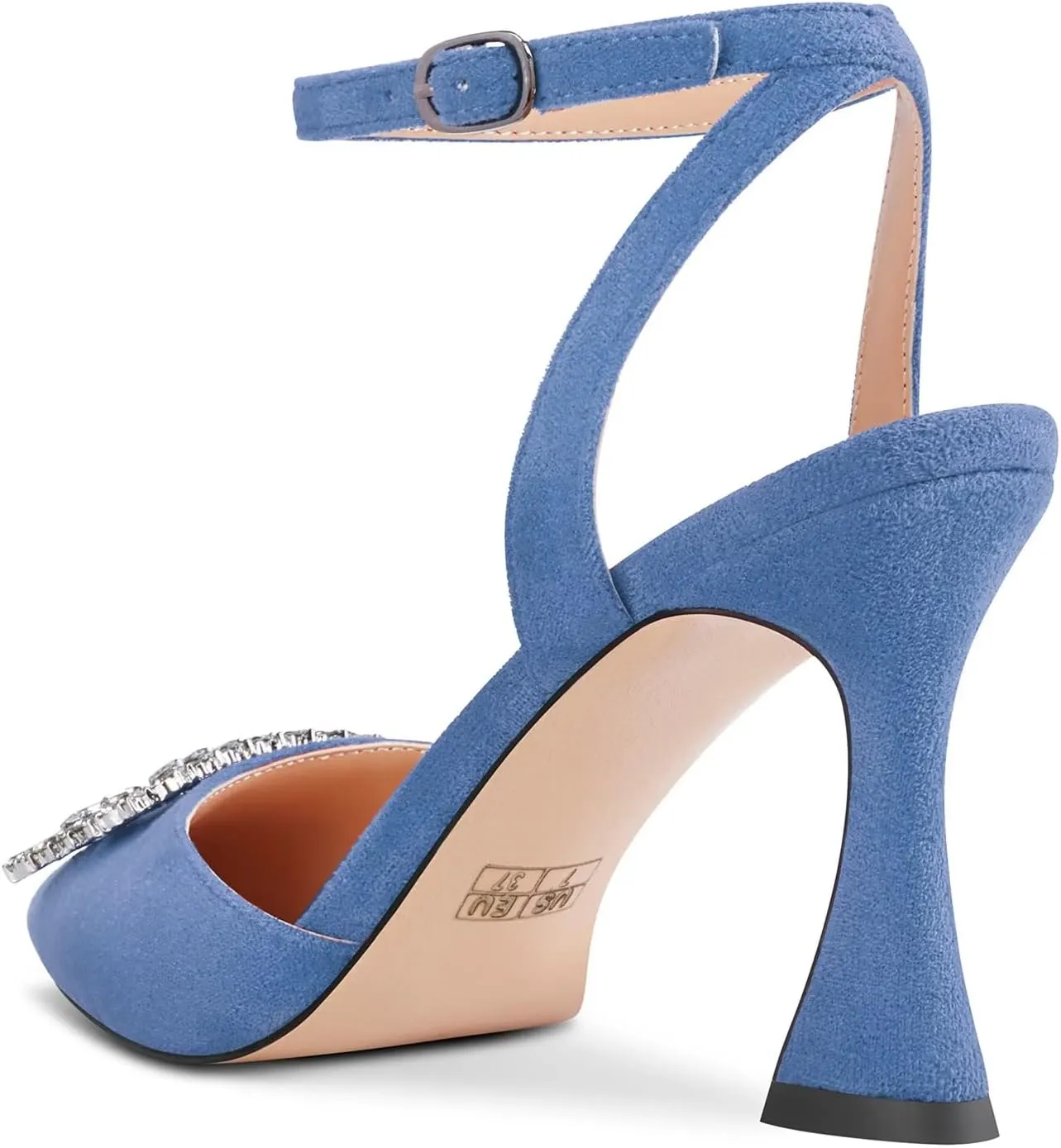 HEUIVZAR Women High Chunky Block Heel Pointed Toe Sandals Ankle Strap Diamond Crystal Buckle Wedding Dress Shoes