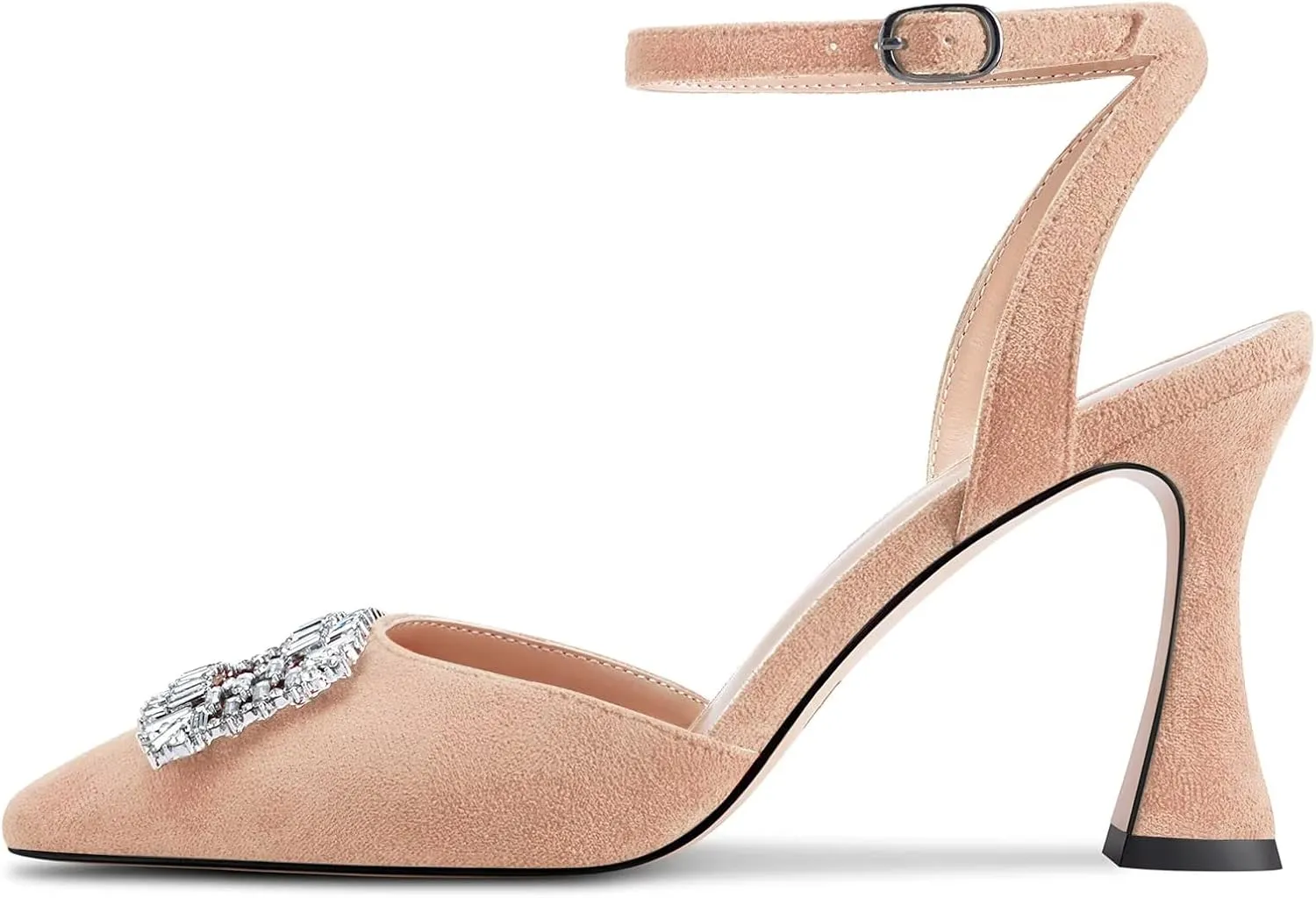 HEUIVZAR Women High Chunky Block Heel Pointed Toe Sandals Ankle Strap Diamond Crystal Buckle Wedding Dress Shoes