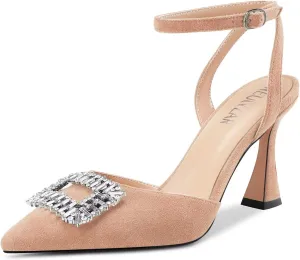 HEUIVZAR Women High Chunky Block Heel Pointed Toe Sandals Ankle Strap Diamond Crystal Buckle Wedding Dress Shoes