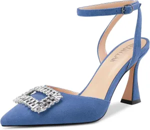 HEUIVZAR Women High Chunky Block Heel Pointed Toe Sandals Ankle Strap Diamond Crystal Buckle Wedding Dress Shoes