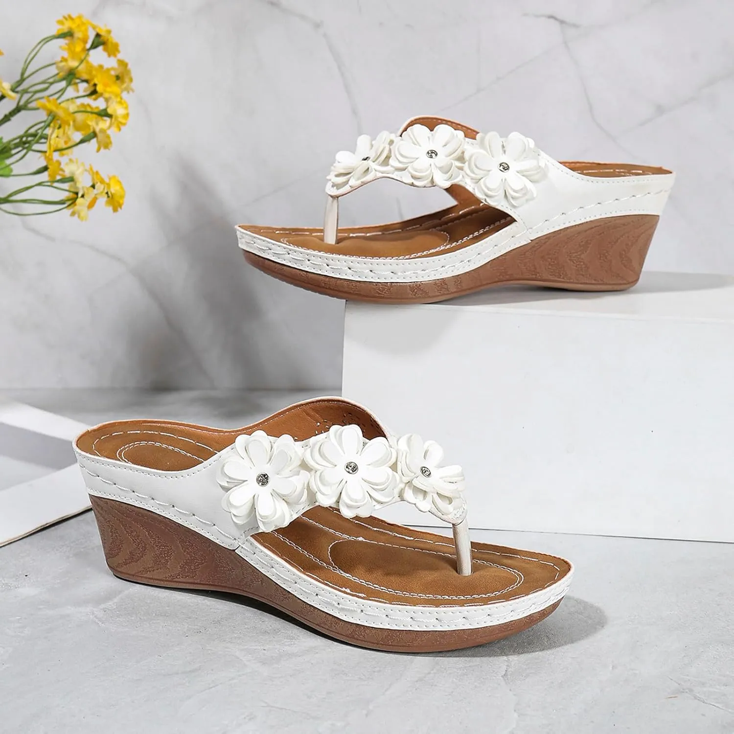 Ladies Flower Sandal Slippers Summer Slope Heel Fish Mouth Women's Casual Roman High Heel Sandal Slippers Beach Casual
