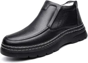 Men's Genuine Leather Platform Slip On Warm Snow Boots Cozy Fur Lined Winter Hand Stitched Waterproof Non-Slip Walking Ankle Boots Business Work Dress Booties