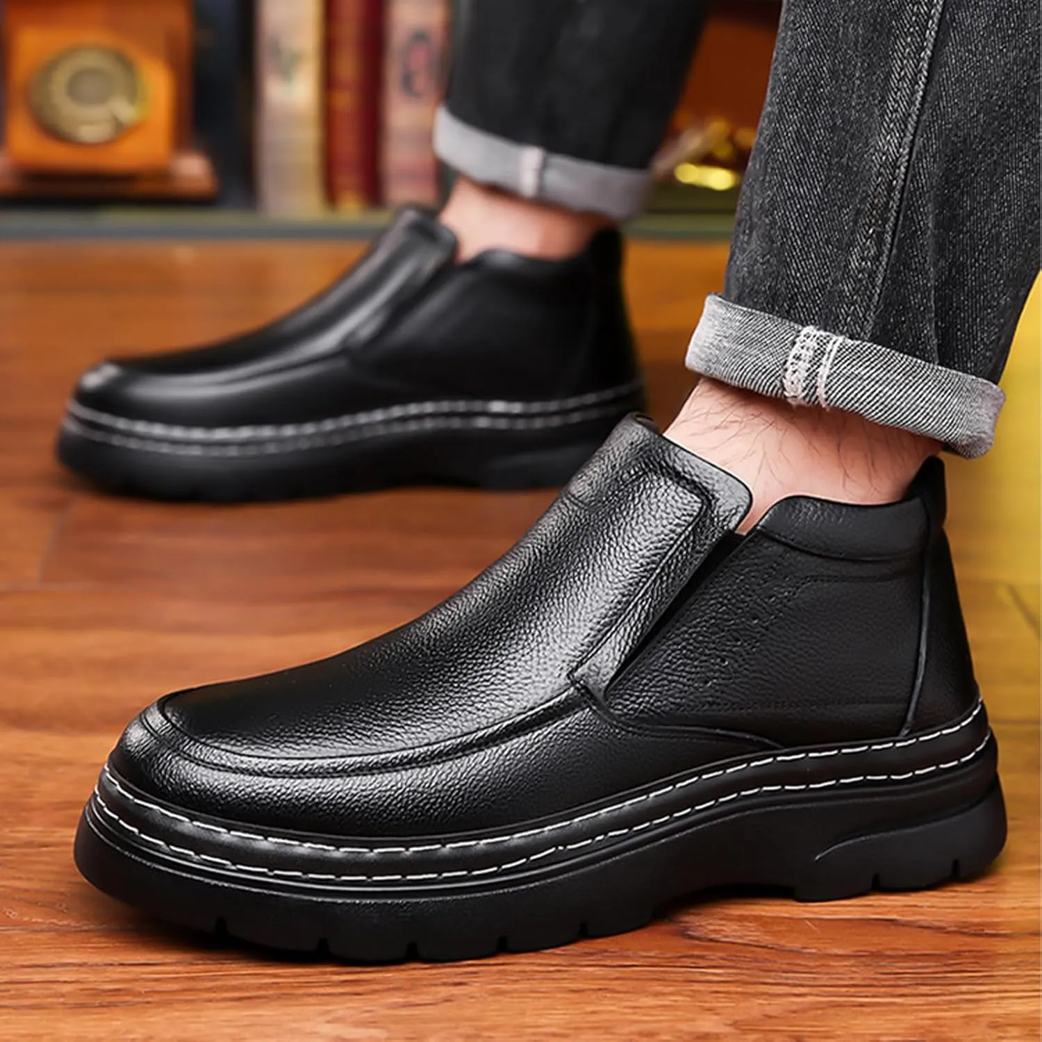 Men's Genuine Leather Platform Slip On Warm Snow Boots Cozy Fur Lined Winter Hand Stitched Waterproof Non-Slip Walking Ankle Boots Business Work Dress Booties