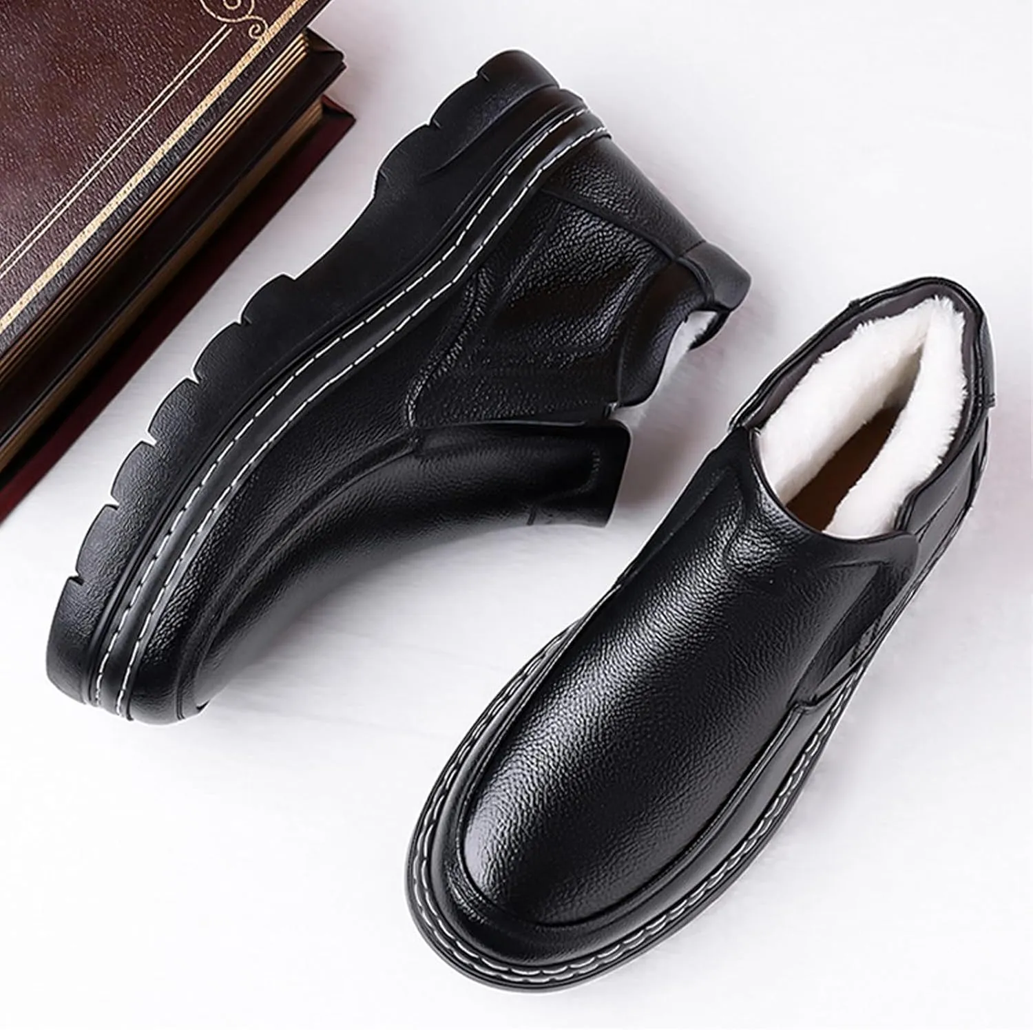 Men's Genuine Leather Platform Slip On Warm Snow Boots Cozy Fur Lined Winter Hand Stitched Waterproof Non-Slip Walking Ankle Boots Business Work Dress Booties