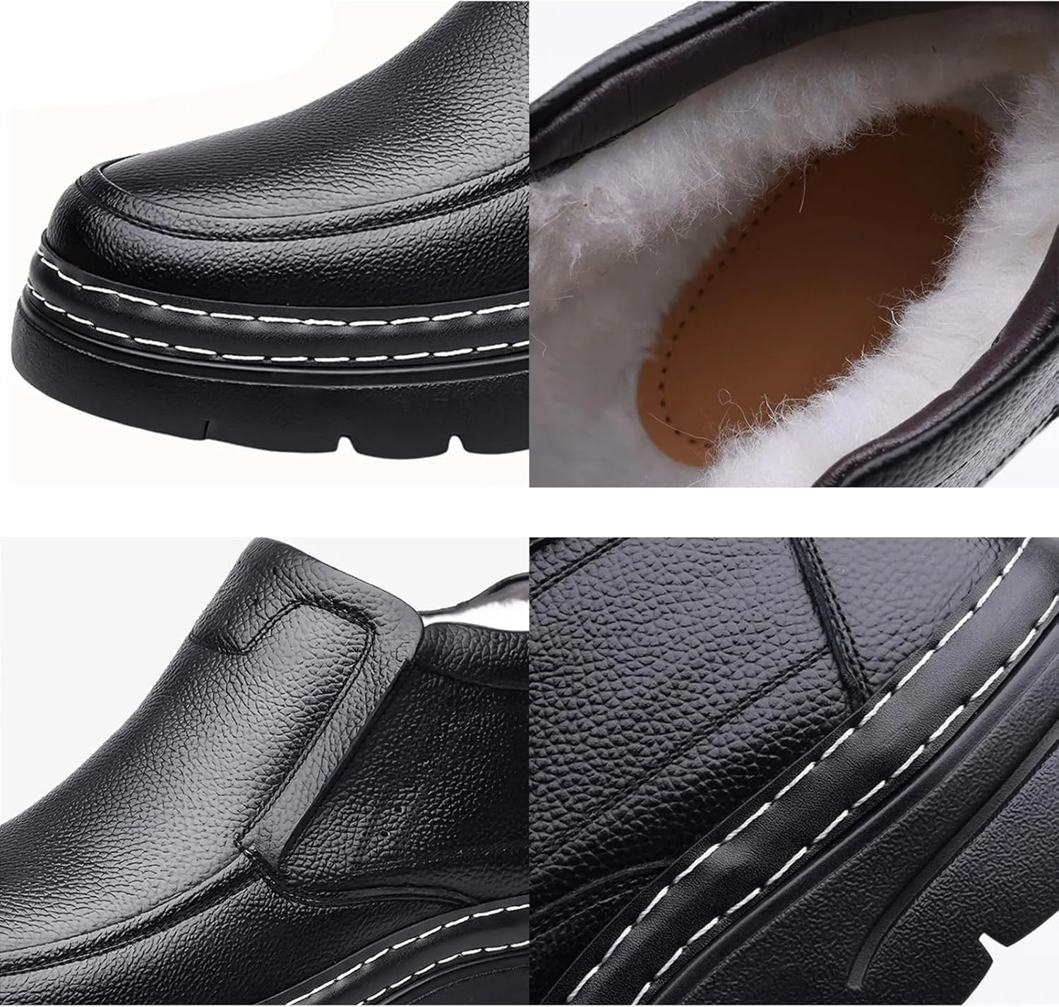 Men's Genuine Leather Platform Slip On Warm Snow Boots Cozy Fur Lined Winter Hand Stitched Waterproof Non-Slip Walking Ankle Boots Business Work Dress Booties