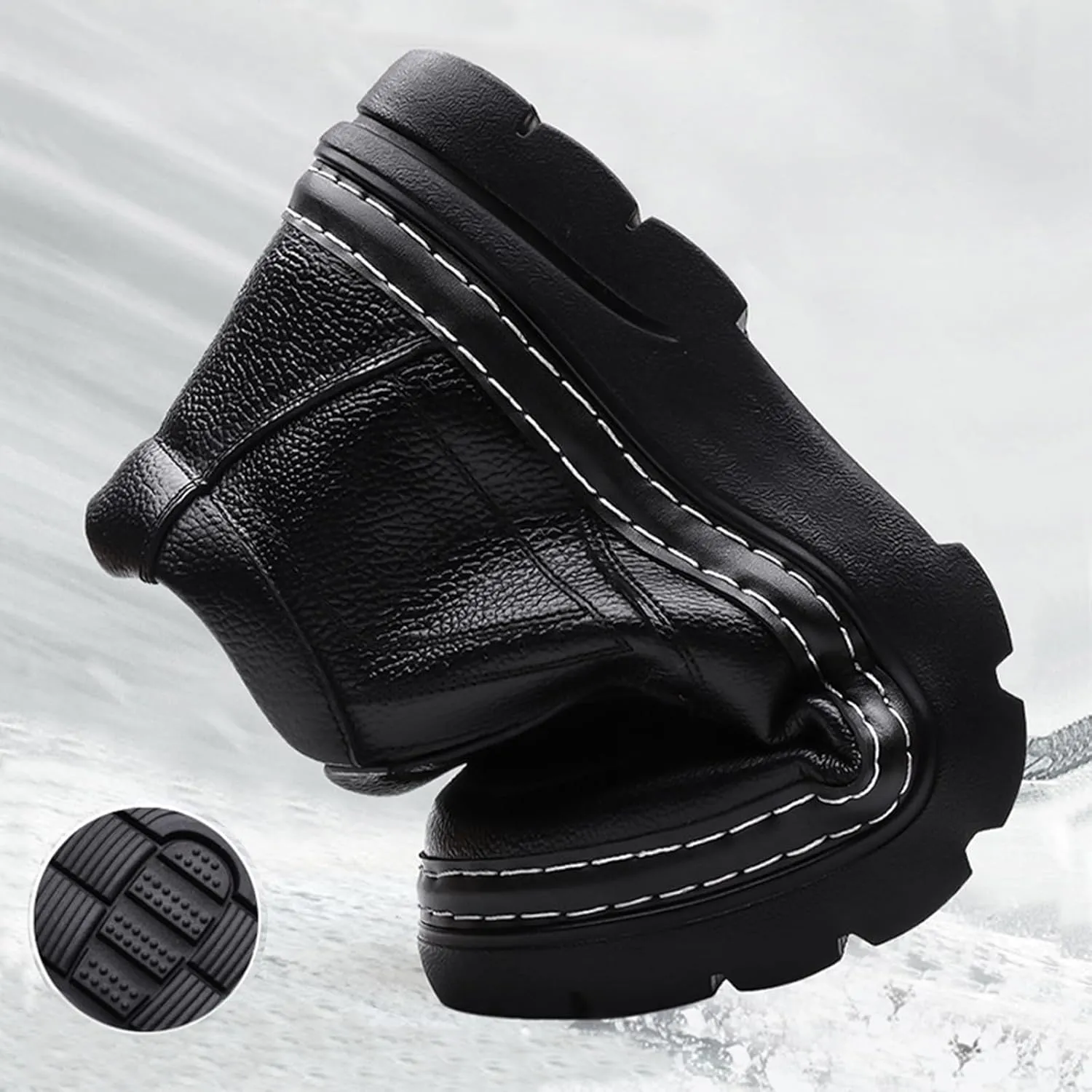 Men's Genuine Leather Platform Slip On Warm Snow Boots Cozy Fur Lined Winter Hand Stitched Waterproof Non-Slip Walking Ankle Boots Business Work Dress Booties