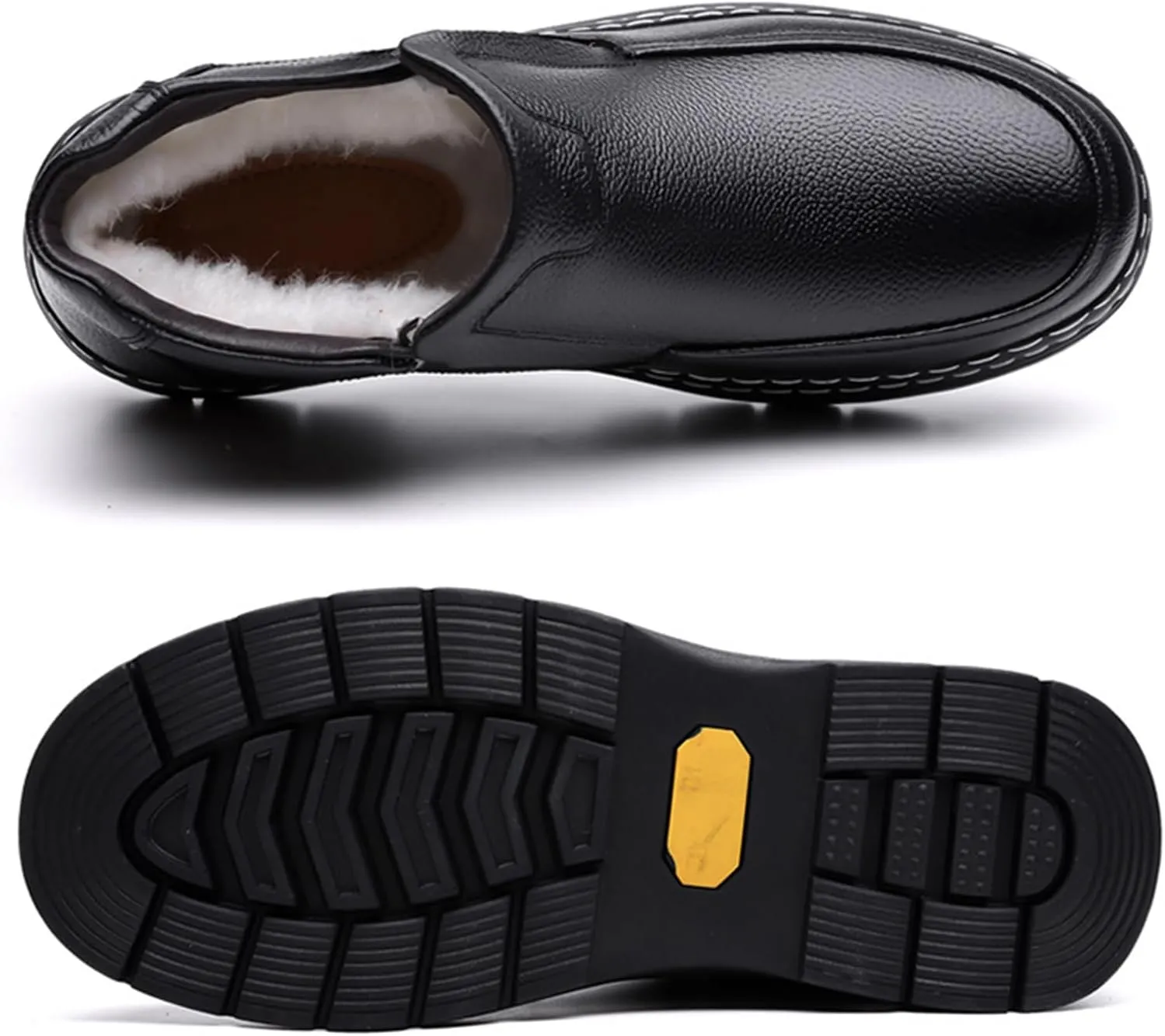 Men's Genuine Leather Platform Slip On Warm Snow Boots Cozy Fur Lined Winter Hand Stitched Waterproof Non-Slip Walking Ankle Boots Business Work Dress Booties