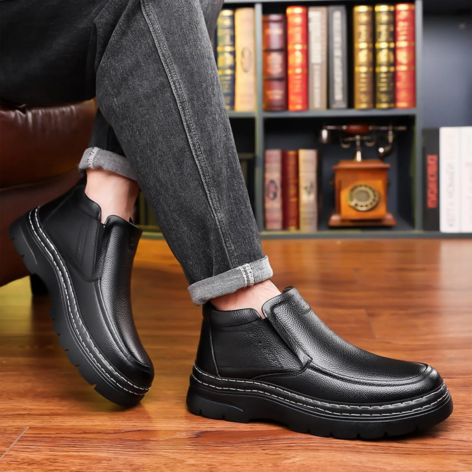 Men's Genuine Leather Platform Slip On Warm Snow Boots Cozy Fur Lined Winter Hand Stitched Waterproof Non-Slip Walking Ankle Boots Business Work Dress Booties