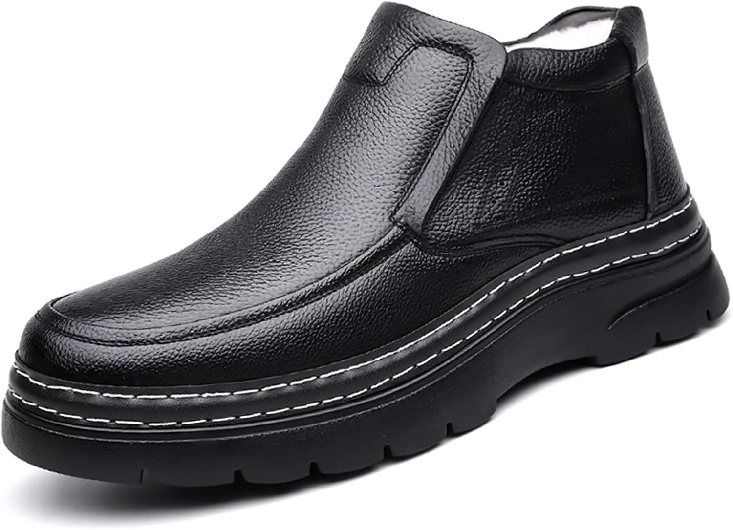 Men's Genuine Leather Platform Slip On Warm Snow Boots Cozy Fur Lined Winter Hand Stitched Waterproof Non-Slip Walking Ankle Boots Business Work Dress Booties