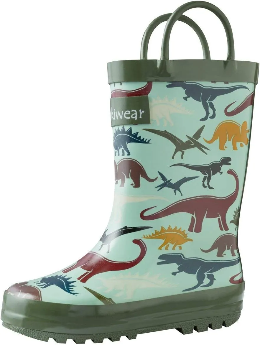 oaki Toddler Rain Boots - Perfect Kids Boots for Any Weather - Durable Rubber Boots Keep Little Feet Dry, Lightweight Waterproof with Easy-on Handle, Earthy Dino, 7T Toddler
