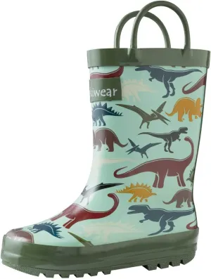 oaki Toddler Rain Boots - Perfect Kids Boots for Any Weather - Durable Rubber Boots Keep Little Feet Dry, Lightweight Waterproof with Easy-on Handle, Earthy Dino, 7T Toddler