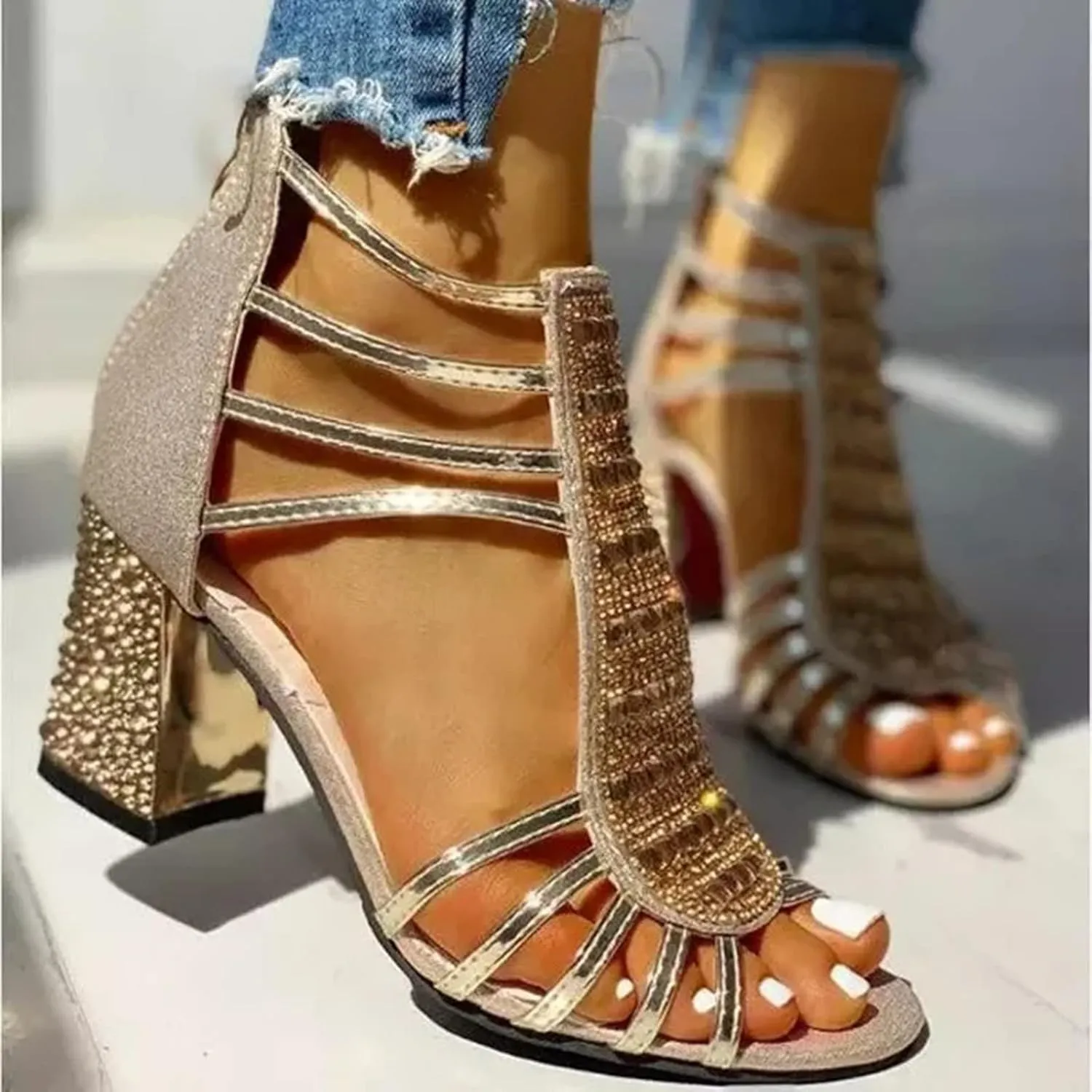 SACFOF Women's Open Toe Shoes High Chunky Heel Cutout Sandals Summer Evening Dress Block Chunky Heels Pumps Sandal Shoes