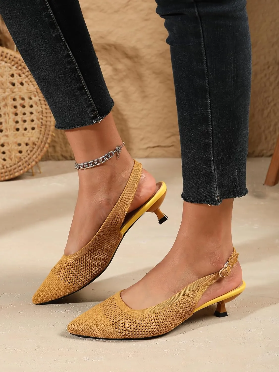 Slingback Kitten Heels for Women Pointed Closed Toe Knitted Slingbacks Comfortable Women's Ankle Strap Dress Slingback Low Kitten Pumps Shoes, Party Work
