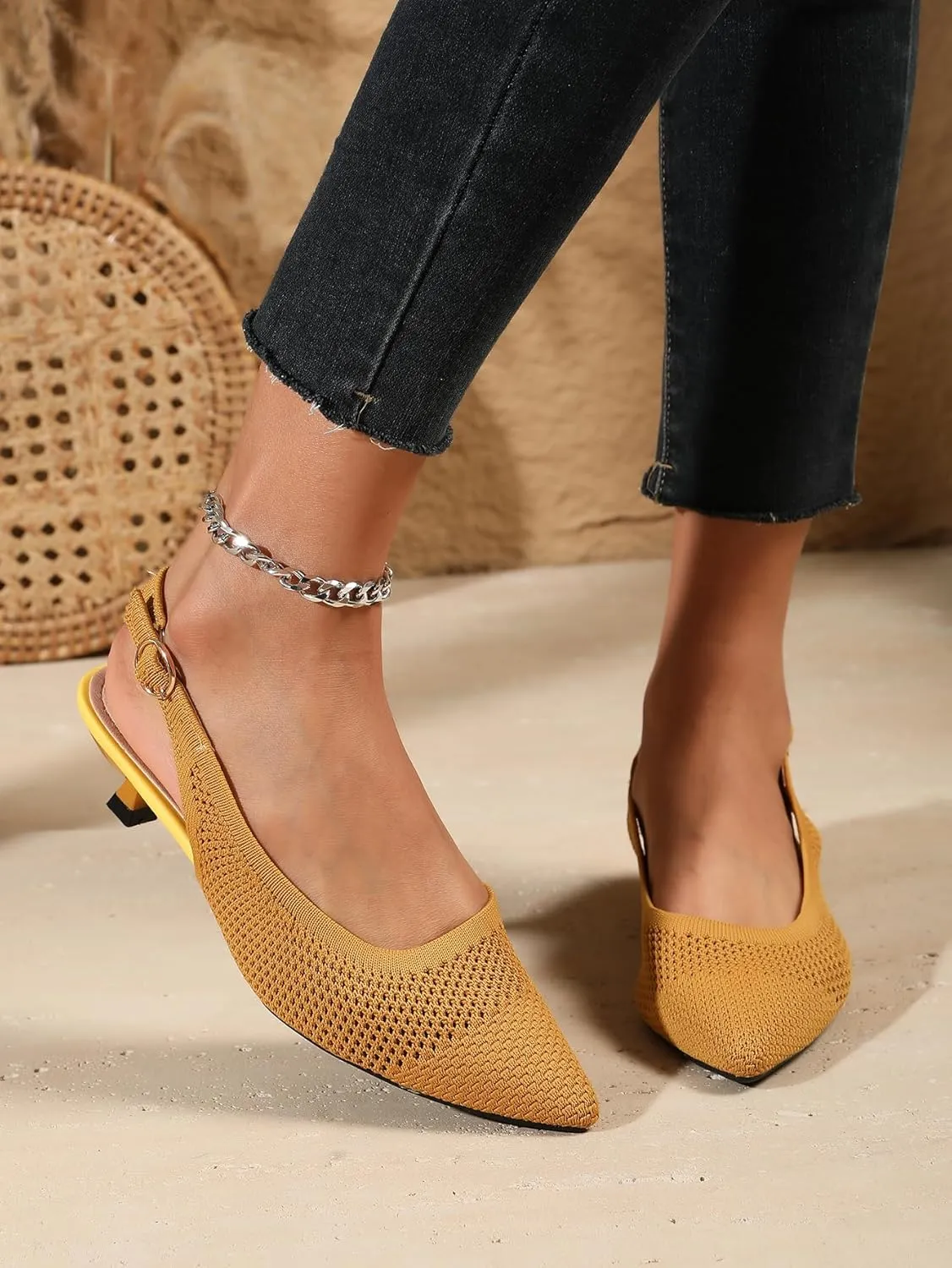 Slingback Kitten Heels for Women Pointed Closed Toe Knitted Slingbacks Comfortable Women's Ankle Strap Dress Slingback Low Kitten Pumps Shoes, Party Work