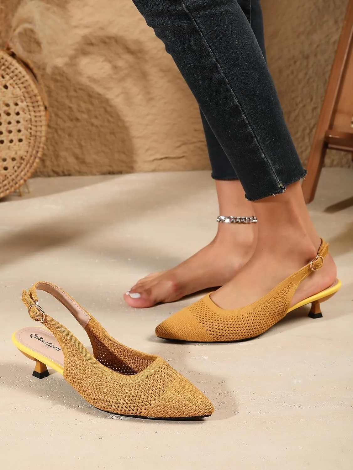 Slingback Kitten Heels for Women Pointed Closed Toe Knitted Slingbacks Comfortable Women's Ankle Strap Dress Slingback Low Kitten Pumps Shoes, Party Work