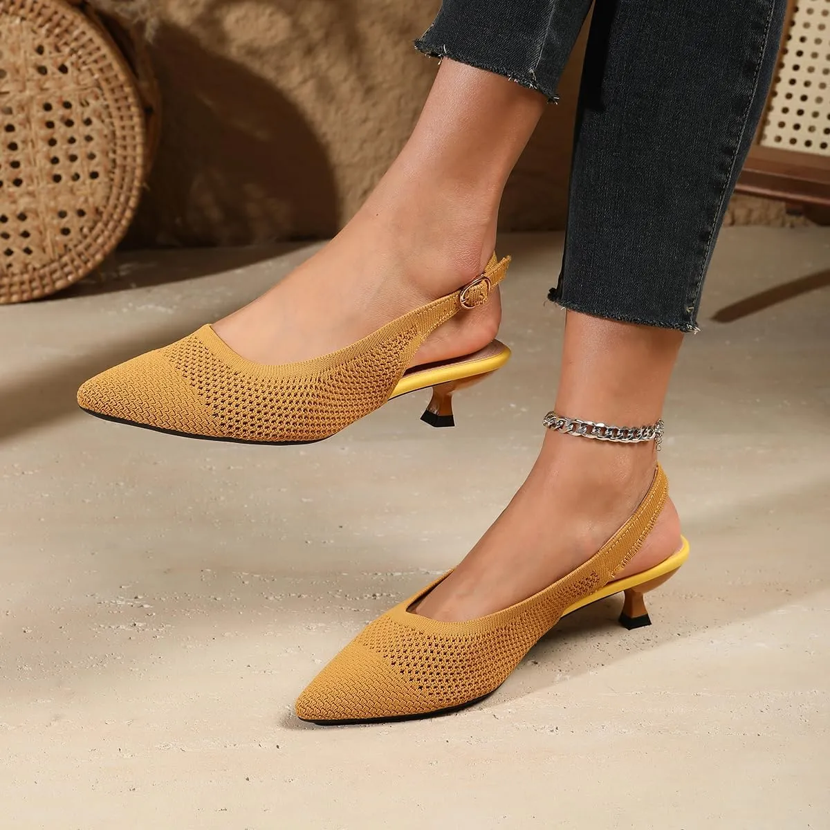 Slingback Kitten Heels for Women Pointed Closed Toe Knitted Slingbacks Comfortable Women's Ankle Strap Dress Slingback Low Kitten Pumps Shoes, Party Work