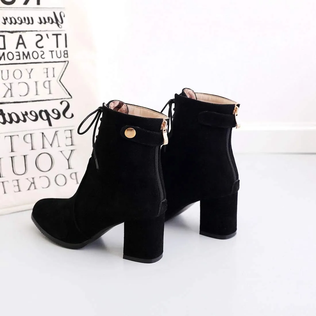 VOKLIN Women's Round Toe Dressy Ankle Boots Suede Lace Up Zipper Chunky Block High Heels Dress Short Booties