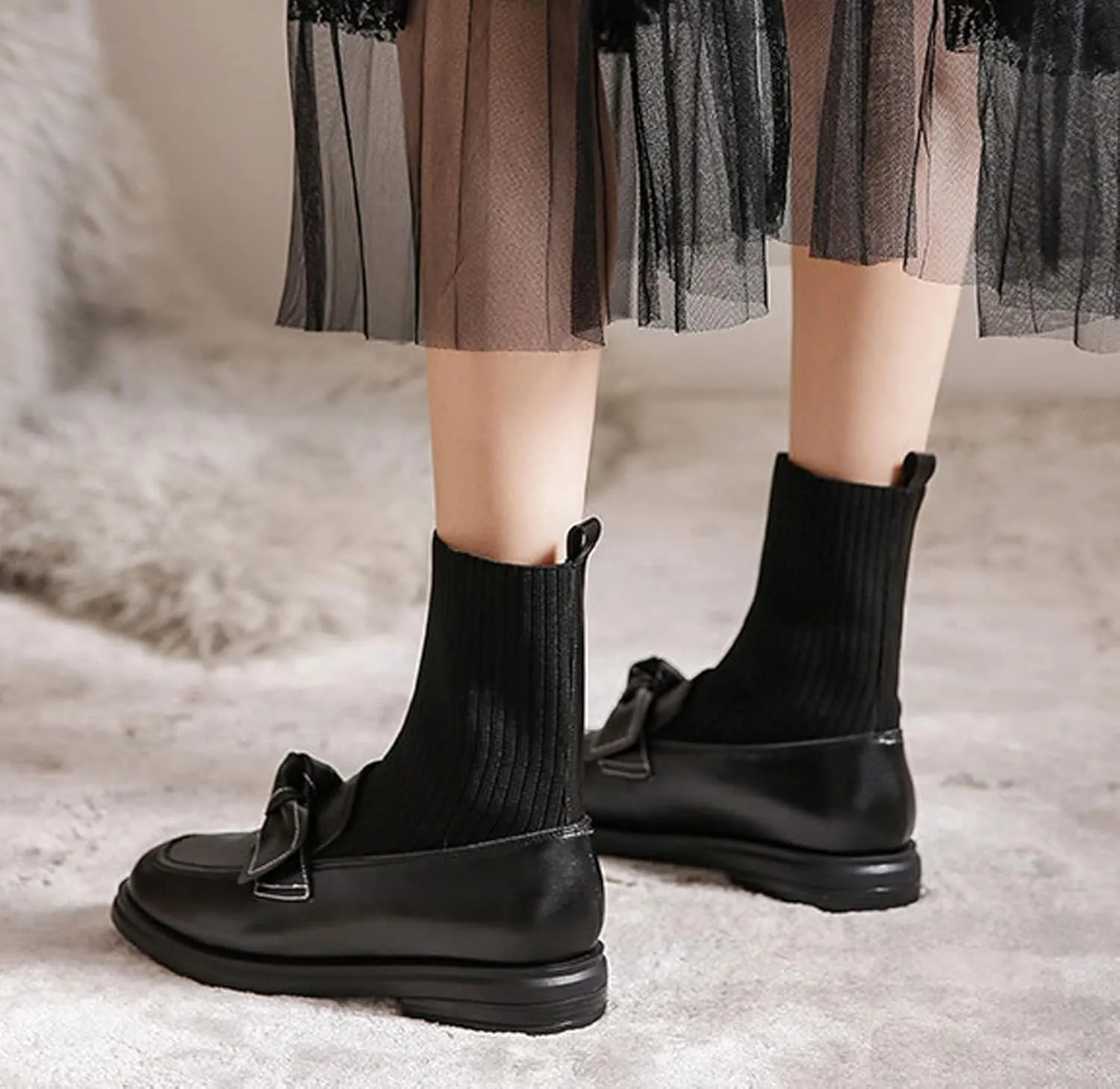 WENJIAZHIZHI Women's Ankle Sock Boots Western Chelsea Booties for Women Waterproof Dressy Shoes Chunky Low Heels
