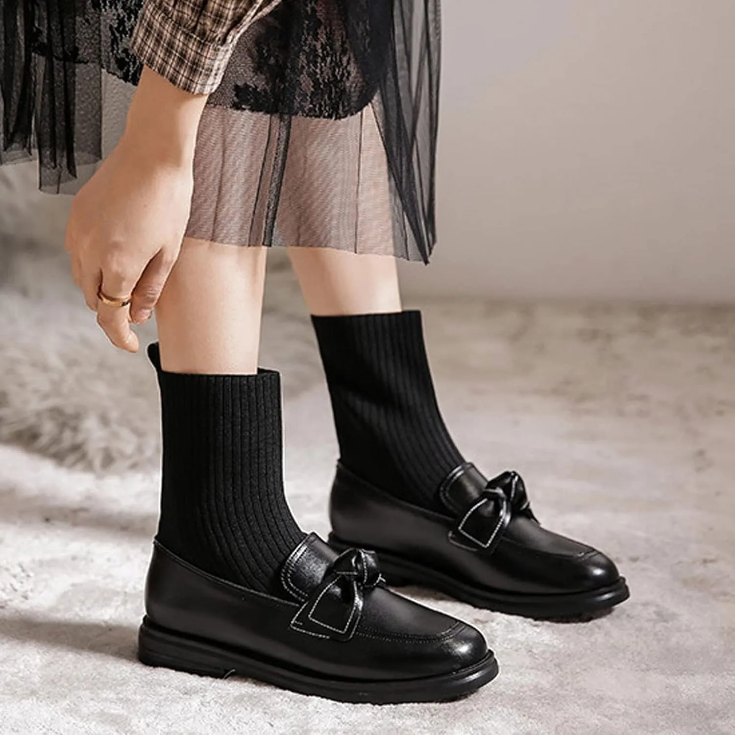 WENJIAZHIZHI Women's Ankle Sock Boots Western Chelsea Booties for Women Waterproof Dressy Shoes Chunky Low Heels