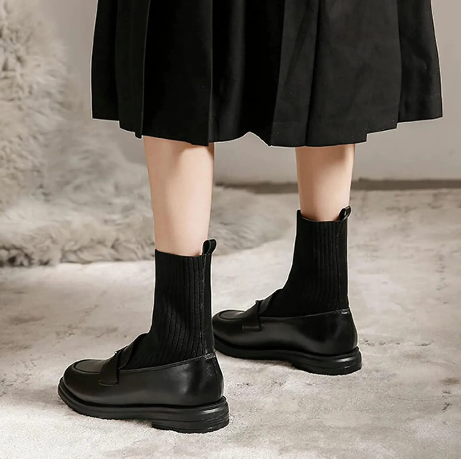 WENJIAZHIZHI Women's Ankle Sock Boots Western Chelsea Booties for Women Waterproof Dressy Shoes Chunky Low Heels