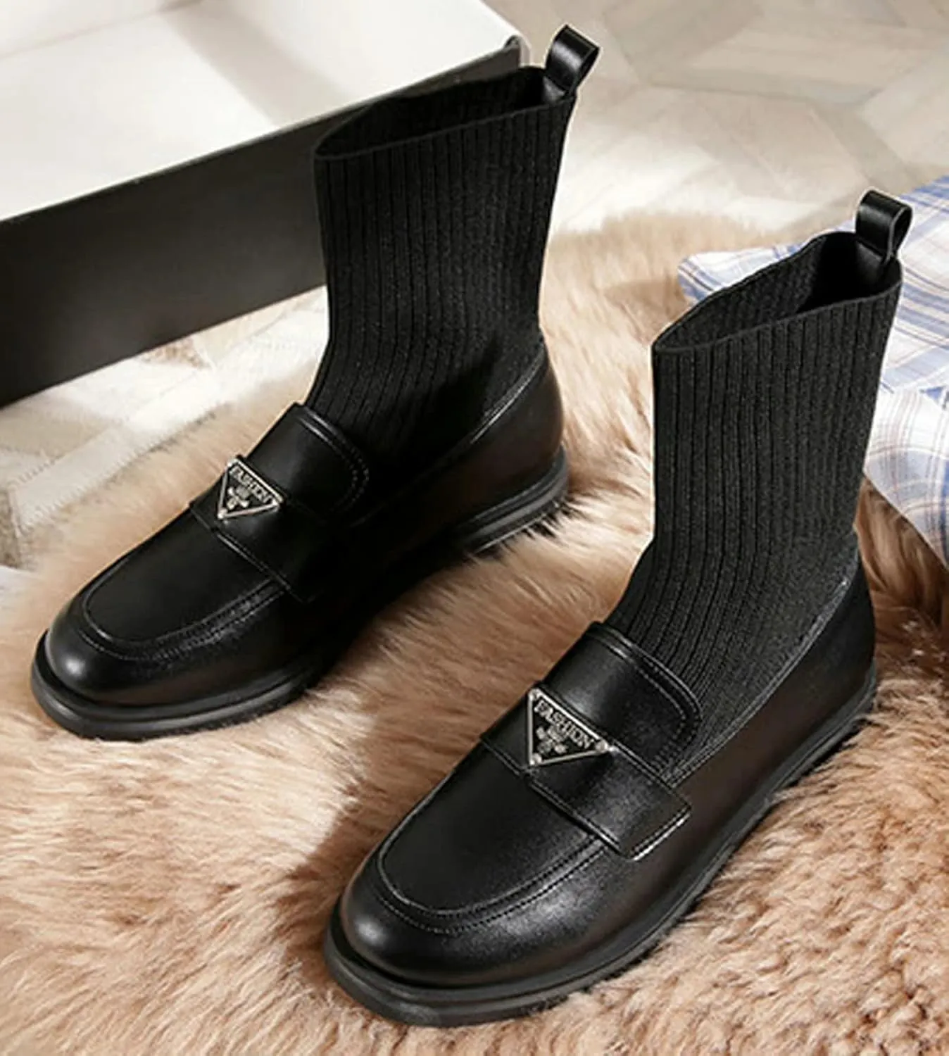 WENJIAZHIZHI Women's Ankle Sock Boots Western Chelsea Booties for Women Waterproof Dressy Shoes Chunky Low Heels