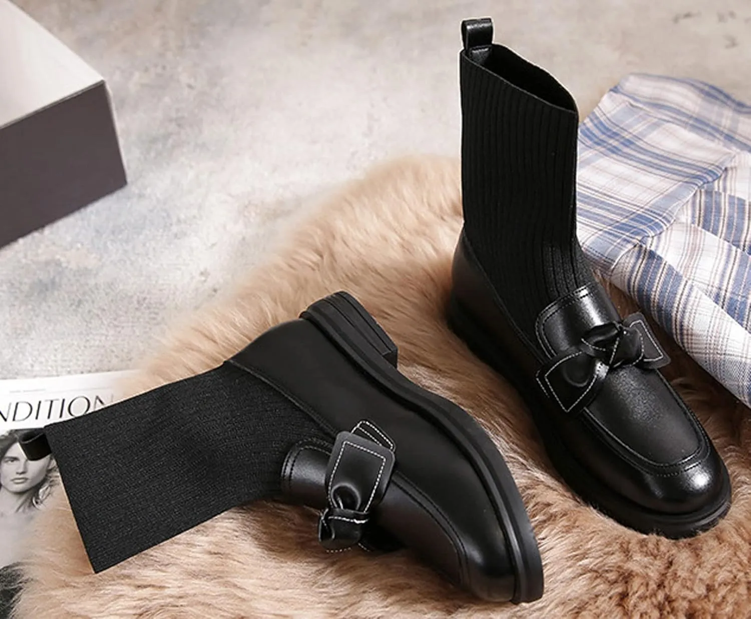 WENJIAZHIZHI Women's Ankle Sock Boots Western Chelsea Booties for Women Waterproof Dressy Shoes Chunky Low Heels