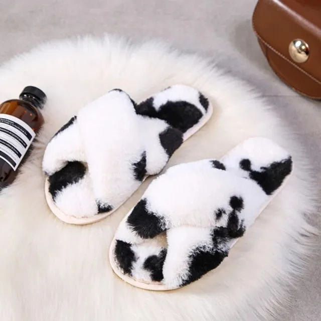 Winter Women House Slippers Faux Fur Fashion Warm Shoes Woman Slip on Flats Female Slides Black Pink cozy home  furry slippers