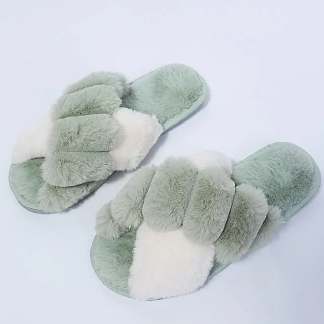 Winter Women House Slippers Faux Fur Fashion Warm Shoes Woman Slip on Flats Female Slides Black Pink cozy home  furry slippers