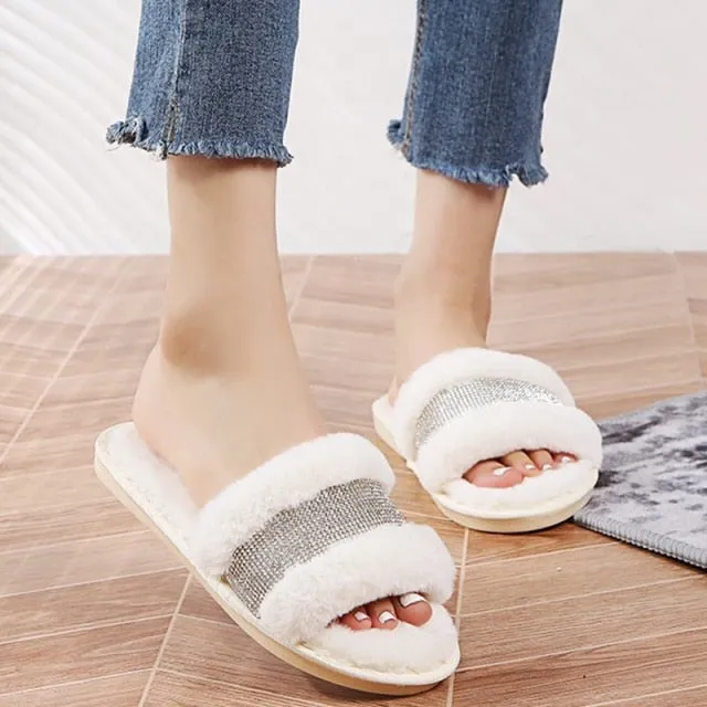 Winter Women House Slippers Faux Fur Fashion Warm Shoes Woman Slip on Flats Female Slides Black Pink cozy home  furry slippers