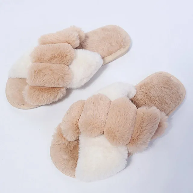 Winter Women House Slippers Faux Fur Fashion Warm Shoes Woman Slip on Flats Female Slides Black Pink cozy home  furry slippers