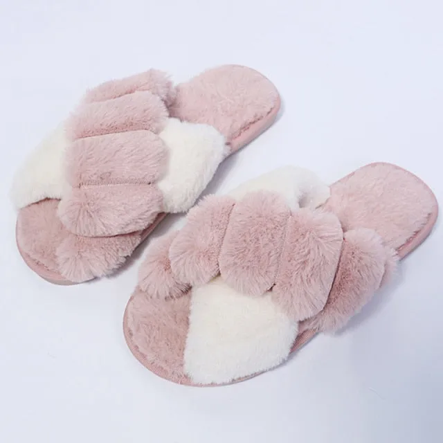 Winter Women House Slippers Faux Fur Fashion Warm Shoes Woman Slip on Flats Female Slides Black Pink cozy home  furry slippers