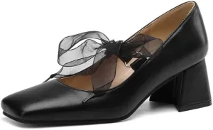 Women Bow Mary Jane Pumps Square Toe Flare Heels with Lace
