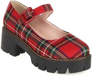 Women British Style Plaid Mary Jane Pumps Round Toe Low Block Heels