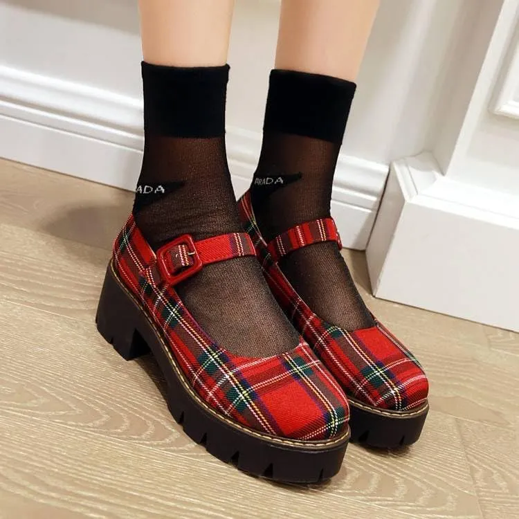 Women British Style Plaid Mary Jane Pumps Round Toe Low Block Heels