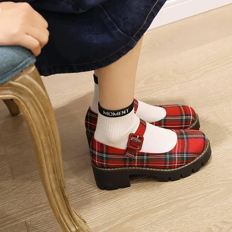 Women British Style Plaid Mary Jane Pumps Round Toe Low Block Heels
