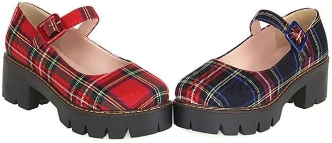 Women British Style Plaid Mary Jane Pumps Round Toe Low Block Heels