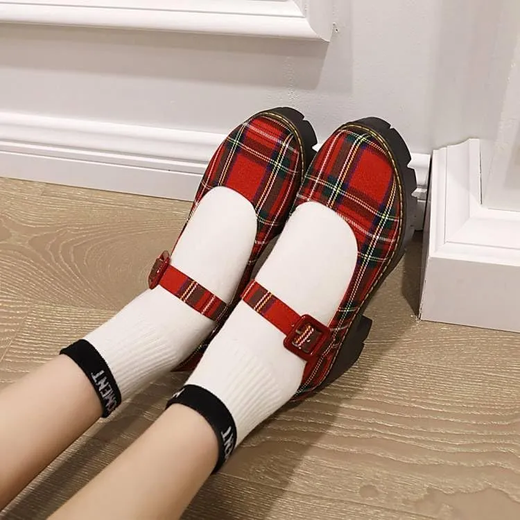 Women British Style Plaid Mary Jane Pumps Round Toe Low Block Heels